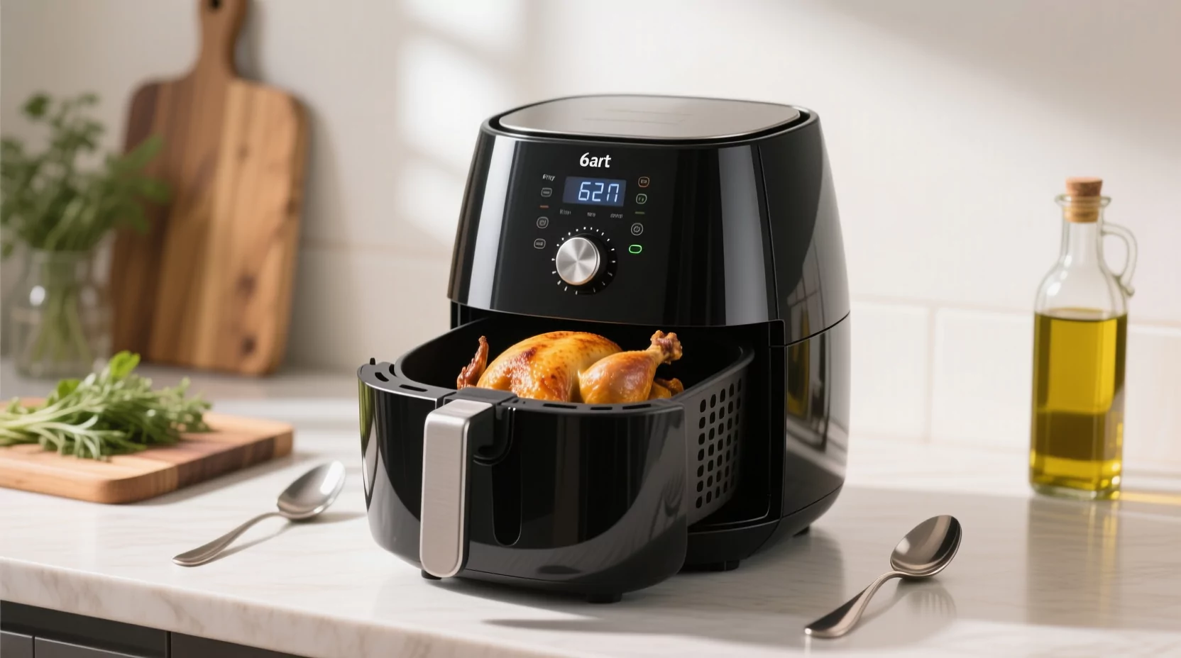 Black air fryer with cooked whole chicken on a modern kitchen counter