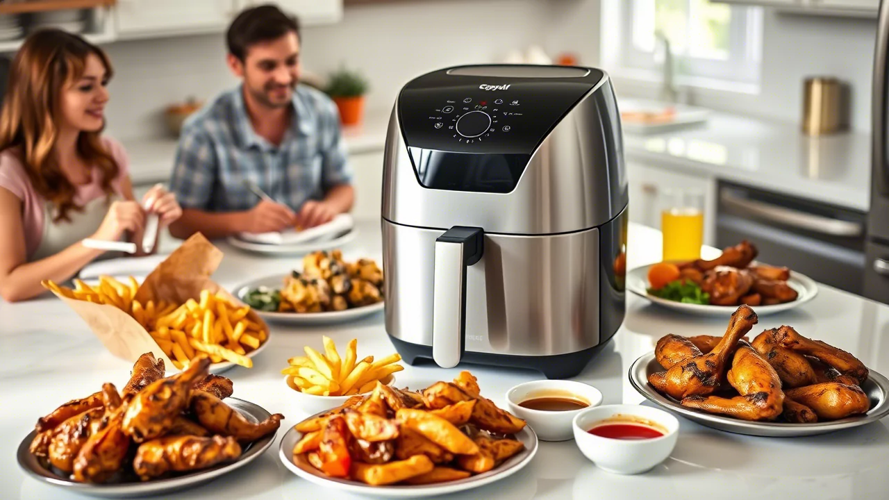 Modern stainless steel air fryer on a kitchen counter surrounded by plates of crispy fried food, with a smiling couple dining in the background.