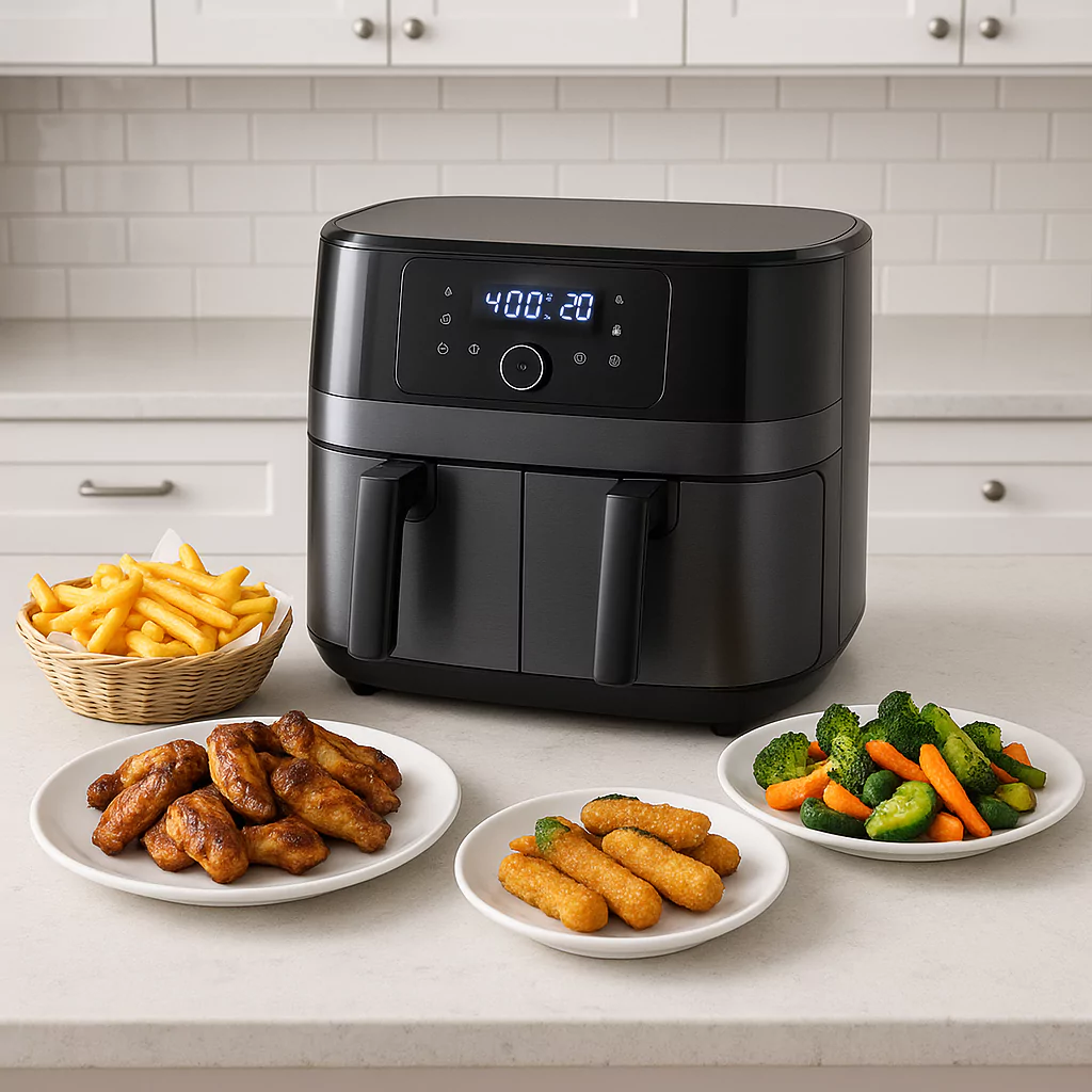 Dual-basket air fryer with fries, wings, veggies, and mozzarella sticks on a clean kitchen counter.