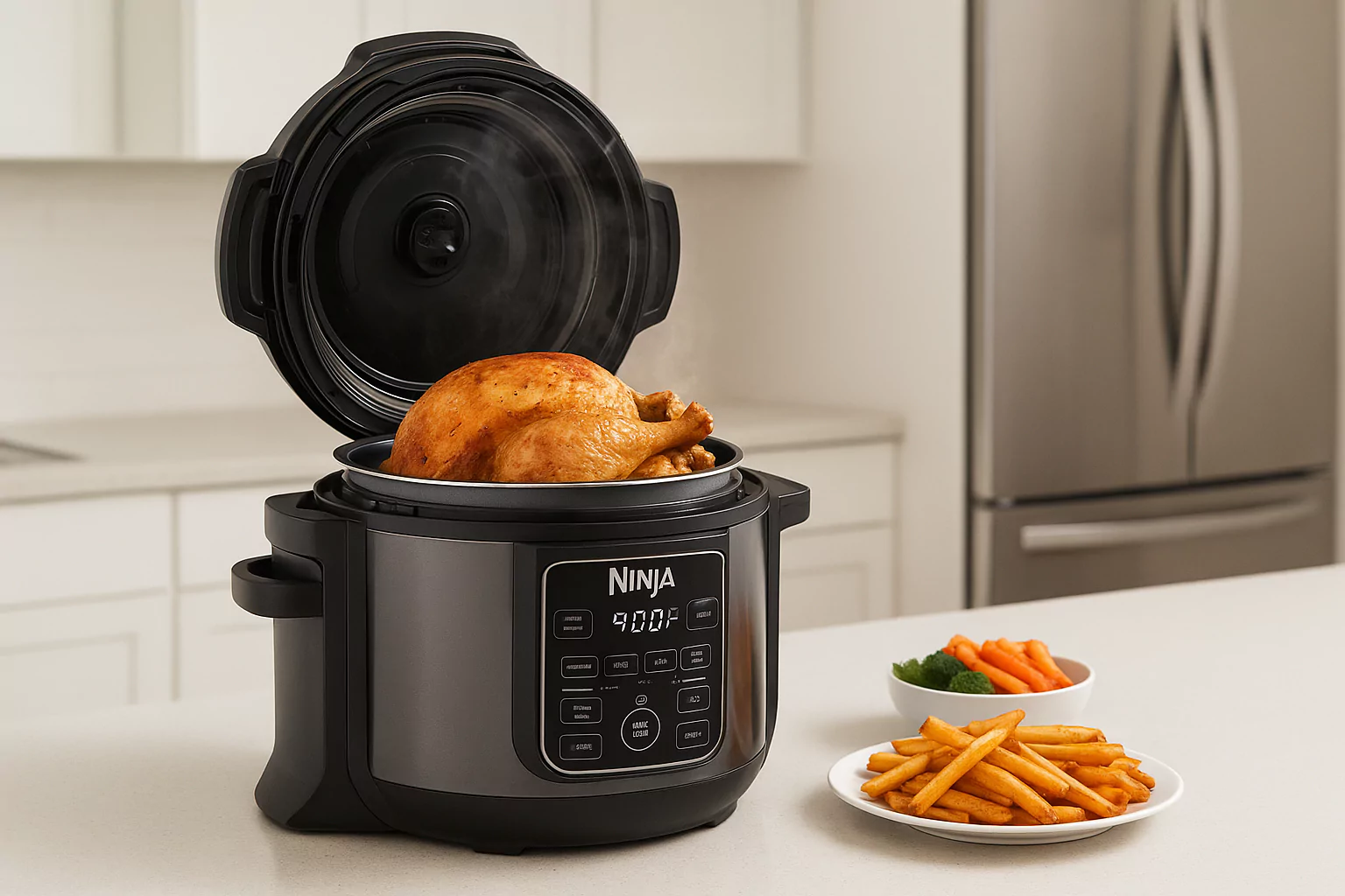 Ninja Foodi Pro Pressure Cooker with roasted chicken and fries on kitchen counter
