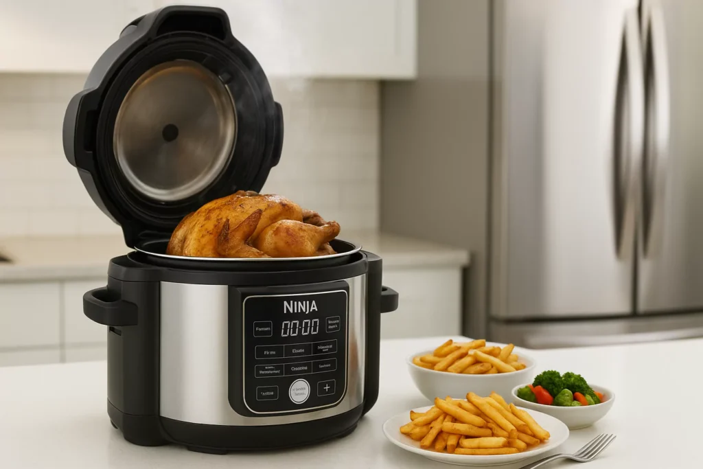 Ninja Foodi Pro Pressure Cooker with roasted chicken and fries on kitchen counter
